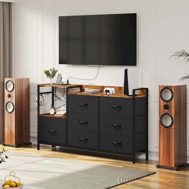 Moasis 7-drawer Dresser Media Console with Charging Station, Shelves