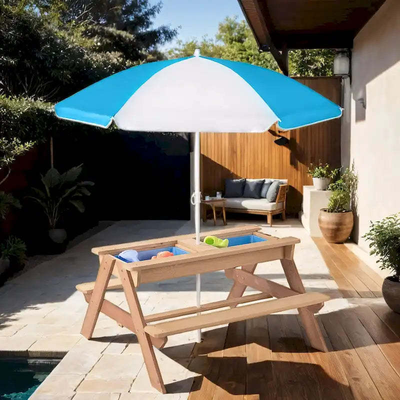 3-in-1 Kids Outdoor Wood Table with Adjustable Umbrella
