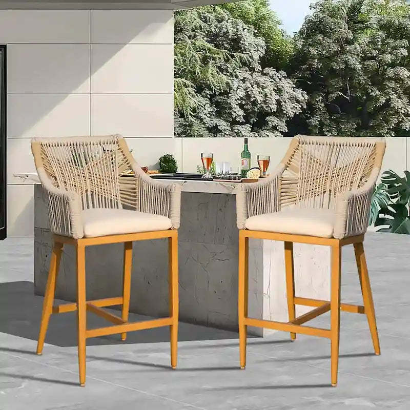 Bar Stools Set of 2,Outdoor Counter Height Bar Chairs with Arm and Backrest,Tall Bar stools with Cushion Modern Textilene