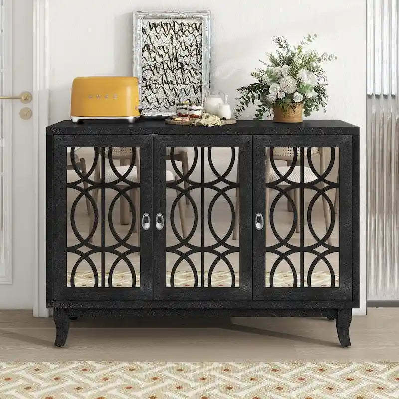 Sideboard with Glass Doors and Silver Handle for Living Room