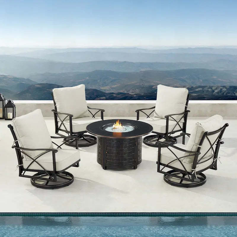 Black Aluminum Fire Table Set with Four Club Chairs
