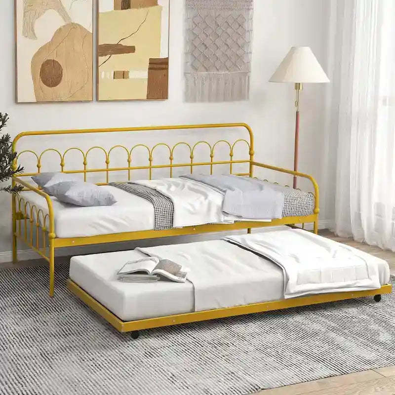 Twin Size Metal Daybed w/Trundle Sofa Bed Lockable Wheels