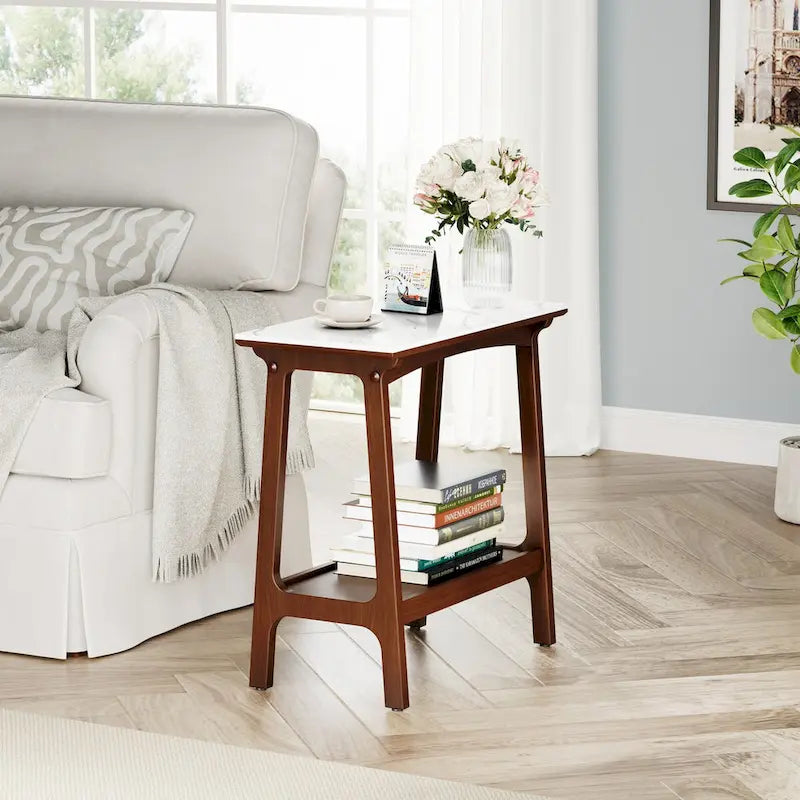 Brown Narrow Slate Side Table with Storage Shelf