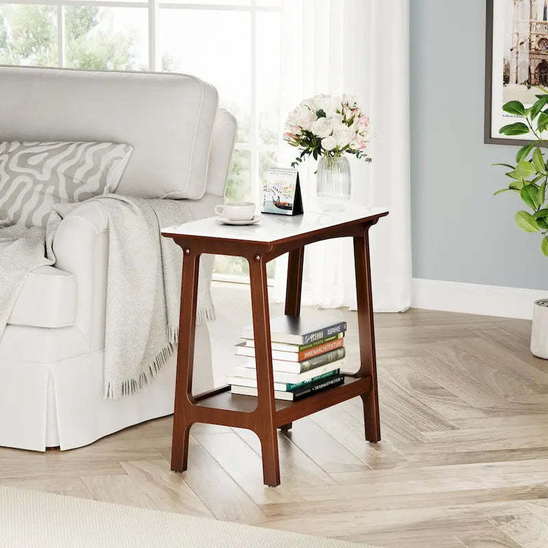 Brown Narrow Slate Side Table with Storage Shelf