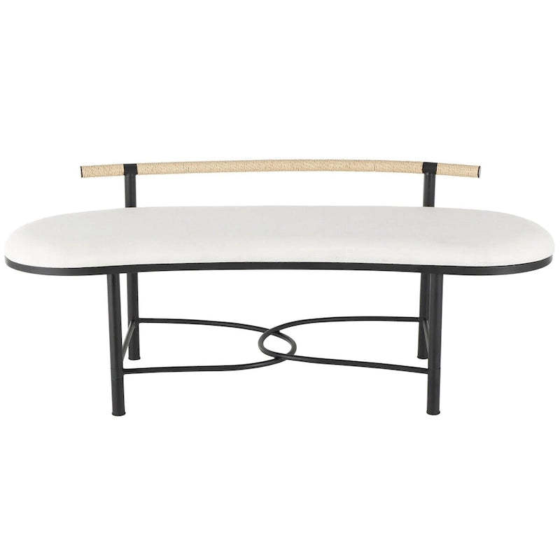 Metal Abstract Upholstered Oval Home Bench with Black Metal Frame and Rope Rod Backrest - White - Roche River Decor