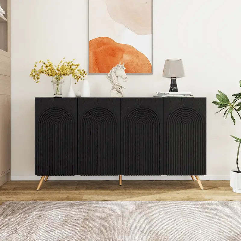 Arch 3D Carved 4 Door Sideboard, Sideboard Buffet Cabinet With Storage, Modern Coffee Bar Cabinet With Adjustable Shelf