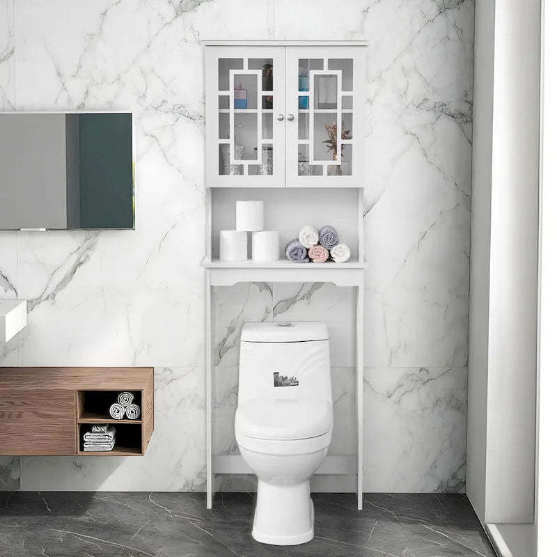 EROMMY Bathroom Organizer Over-The-Toilet Storage, Wooden Unit with 2 Glass Doors & Adjustable Shelf for Bathroom Use
