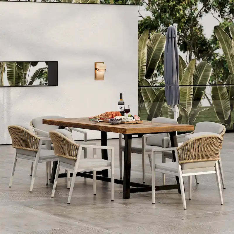 Heres Farmhouse Outdoor 7 Pieces Dining Sets with Rattan Backrest by Christopher Knight Home - N/A