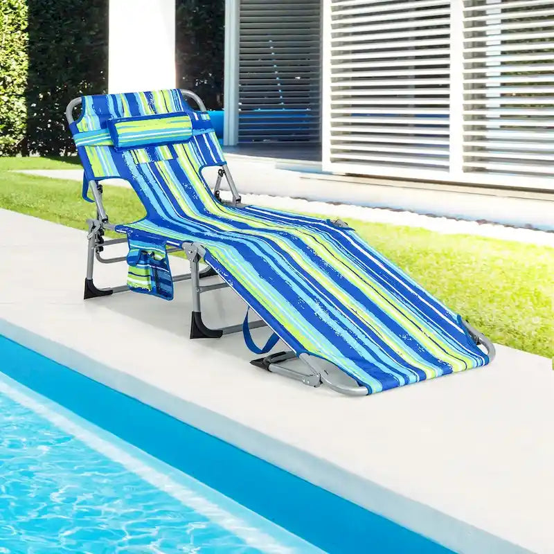 1/2PCS Outdoor Beach Chaise Lounge Folding Chair w/ Pillow Blue&Green