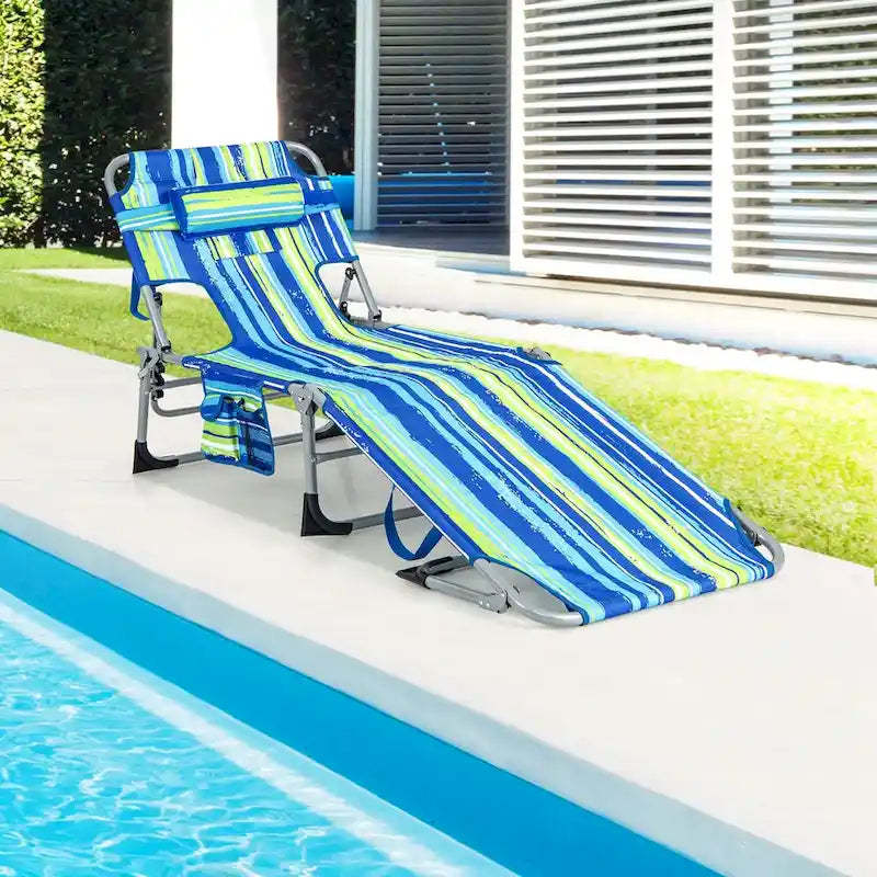 1/2PCS Outdoor Beach Chaise Lounge Folding Chair w/ Pillow Blue&Green