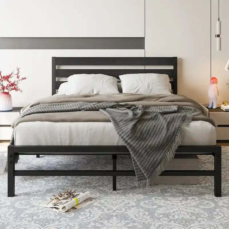 Platform Bed Frame With Wooden Headboard, Under Bed Storage, Non-Slip