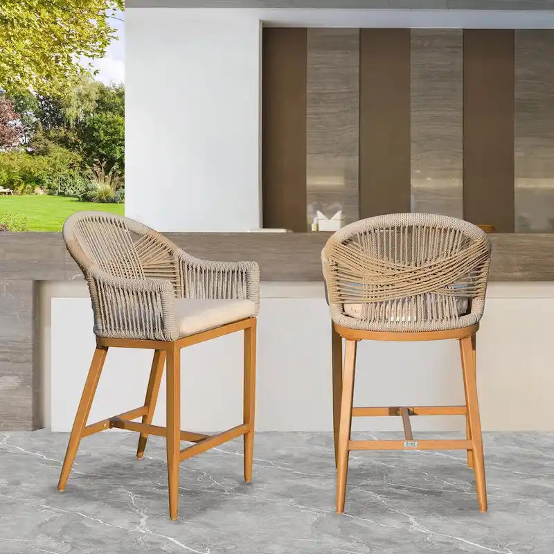 Bar Stools Set of 2 with Arm and Backrest, Counter Height Bar Chairs with Cushion, Bar stools Textilene Rope Boho Barstools