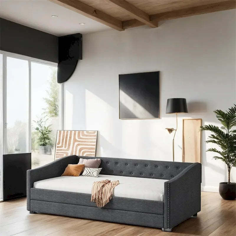 Twin Size Upholstered Tufted Daybed with Trundle and Copper Nail