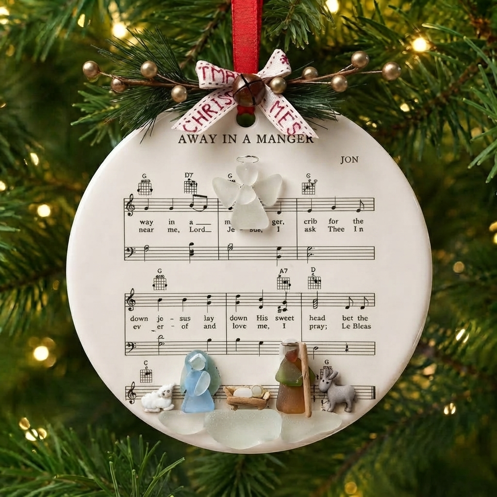 Away in a Manger Sea Glass Nativity Ornament