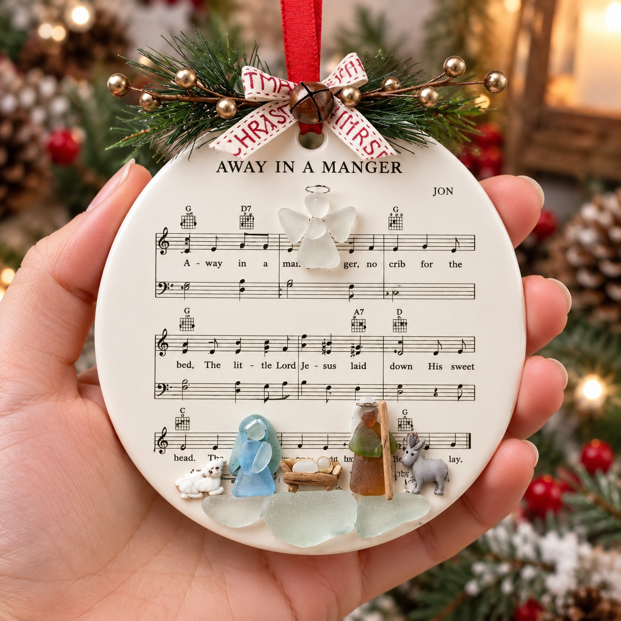 Away in a Manger Sea Glass Nativity Ornament