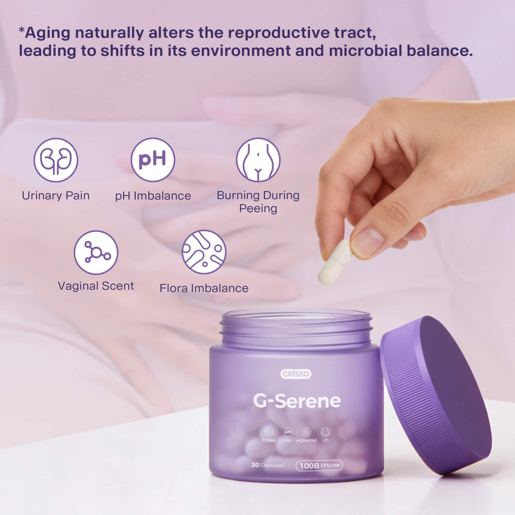 If you suffer from urinary pain, pH imbalance, burning during peeing, vaginal scent, and flora imbalance. G-Serene 4-In-1 Women's Health Prebiotic + Probiotic supports Gut& Vaginal Microbiome Balanced, pH Balance, Hormone Harmony, Urinary Tract Health.