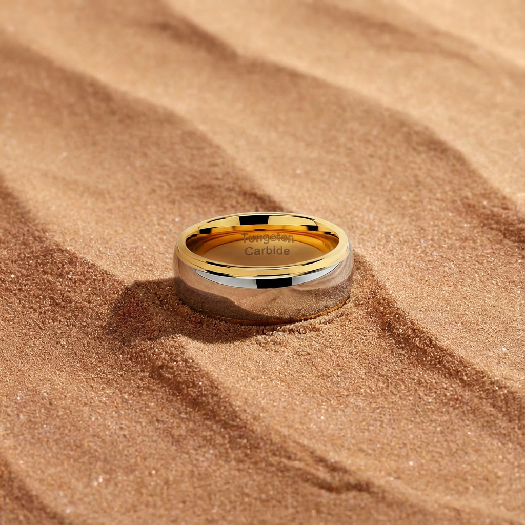 Two-Tone Domed Tungsten Ring - Gold Grooved Minimalist Band