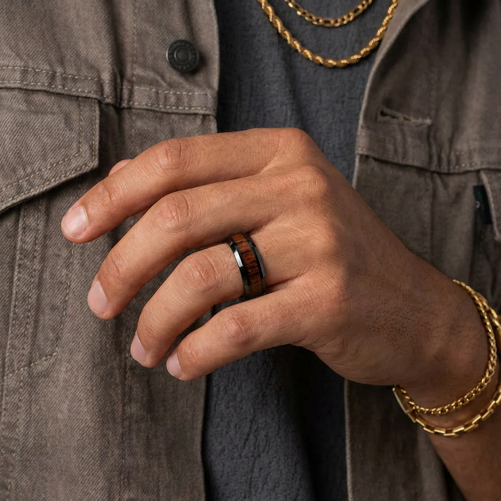Men’s Red Wood Leather Tungsten Ring | Black Carbide Band