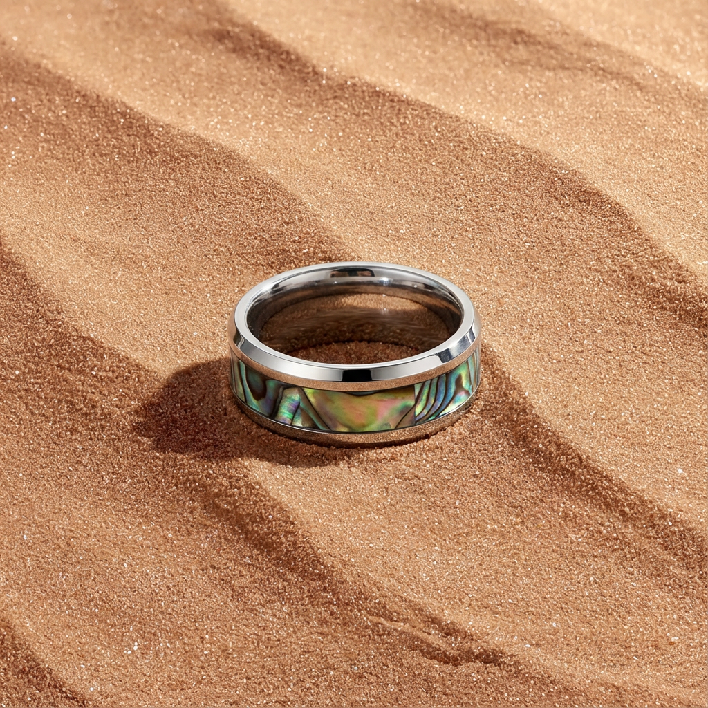 Iridescent Abalone Inlay Tungsten Couple Bands