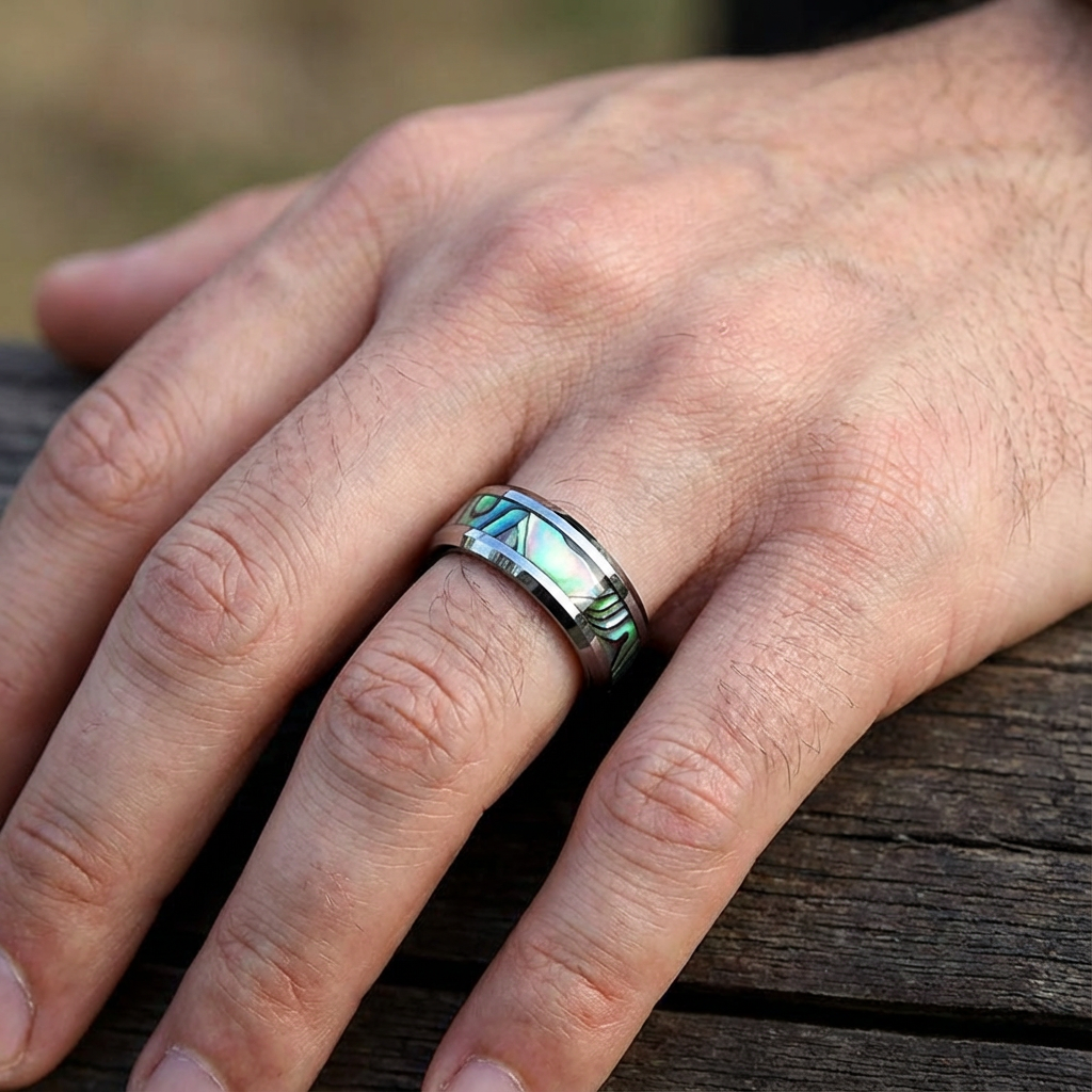 Iridescent Abalone Inlay Tungsten Couple Bands