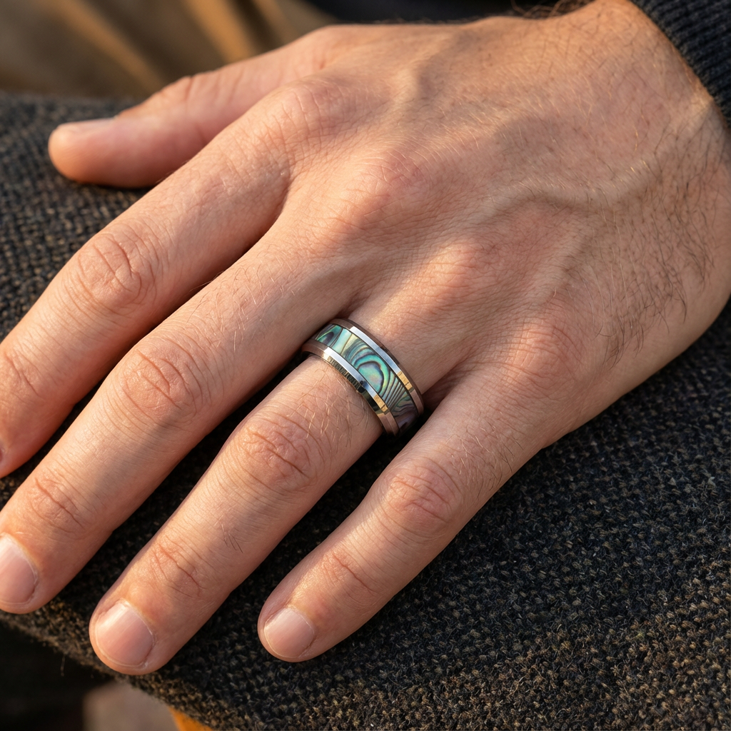 Iridescent Abalone Inlay Tungsten Couple Bands