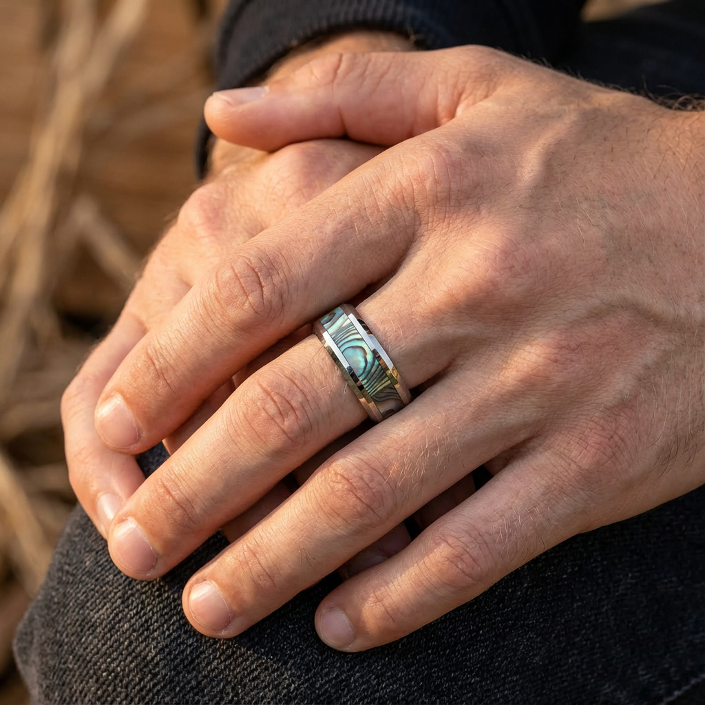 Iridescent Abalone Inlay Tungsten Couple Bands