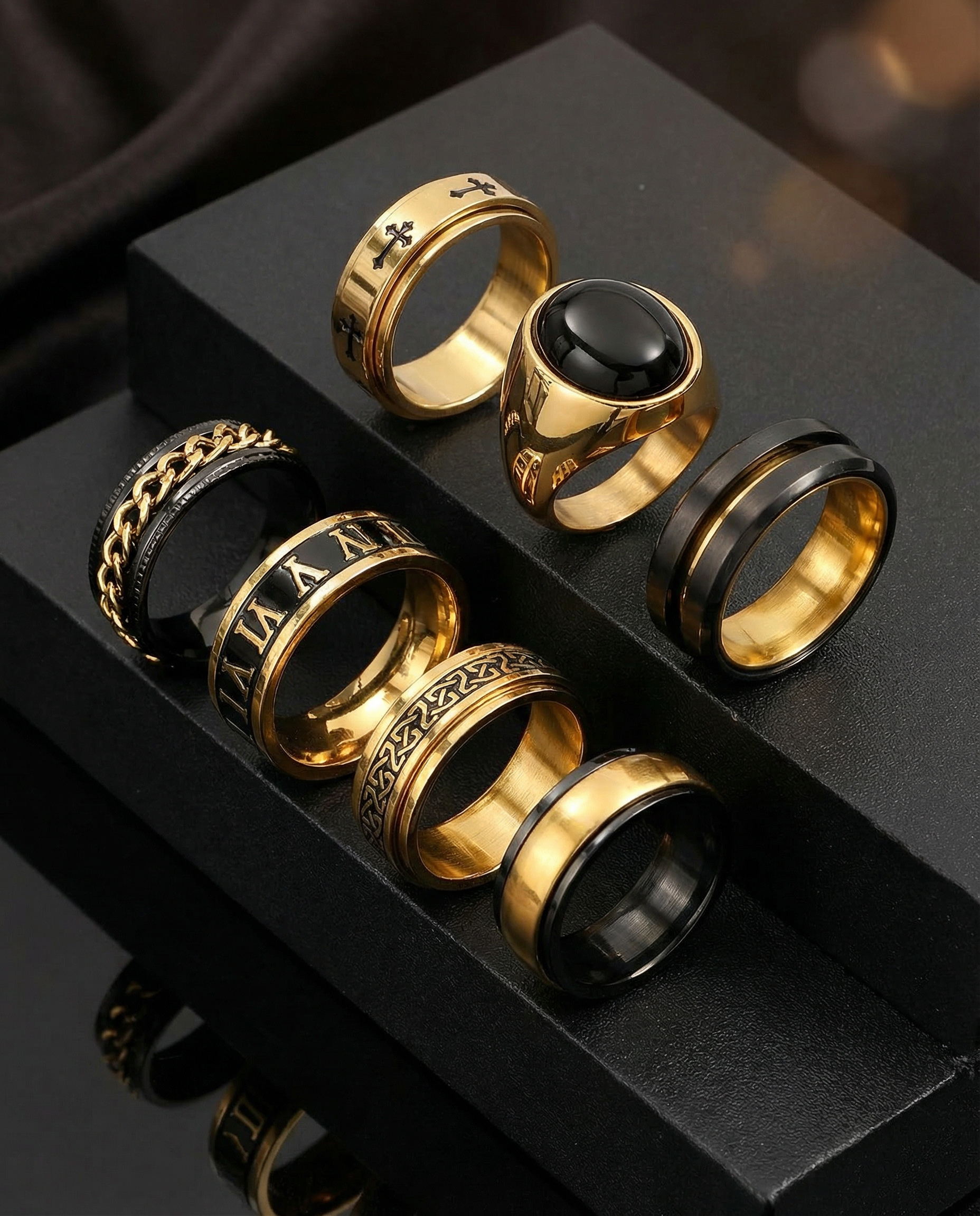 7-Piece Spinnable Black Oil Ring Set - Stainless Steel Men’s Jewelry