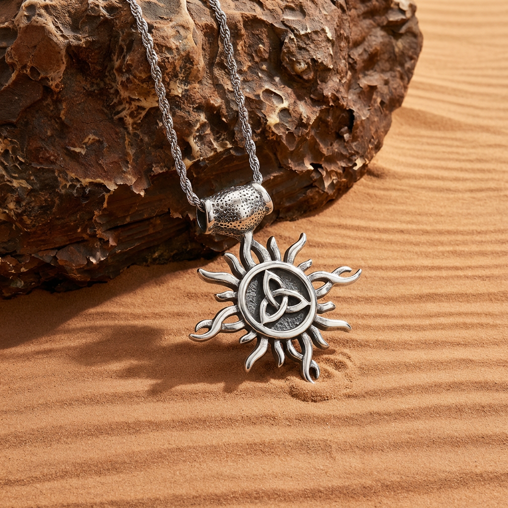 Viking Sunflower Pendant Necklace, Punk Style Titanium Steel Men's Jewelry