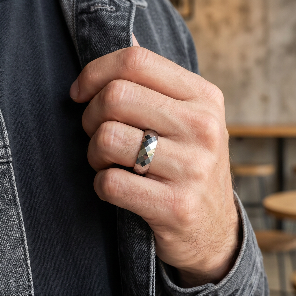Silver Starburst Tungsten Ring - Men’s Diamond-Cut Band