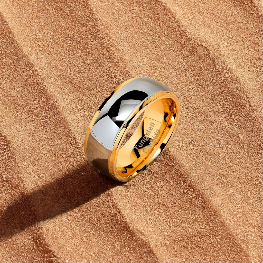 Two-Tone Domed Tungsten Ring - Gold Grooved Minimalist Band