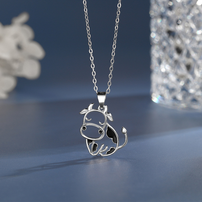 Whimsical Cow Pendant Necklace, 925 Sterling Silver Openwork Animal Jewelry-stylishnooks