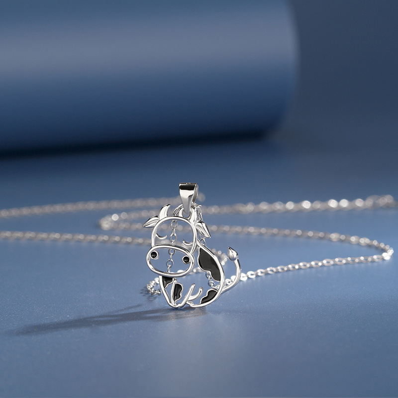 Whimsical Cow Pendant Necklace, 925 Sterling Silver Openwork Animal Jewelry-stylishnooks
