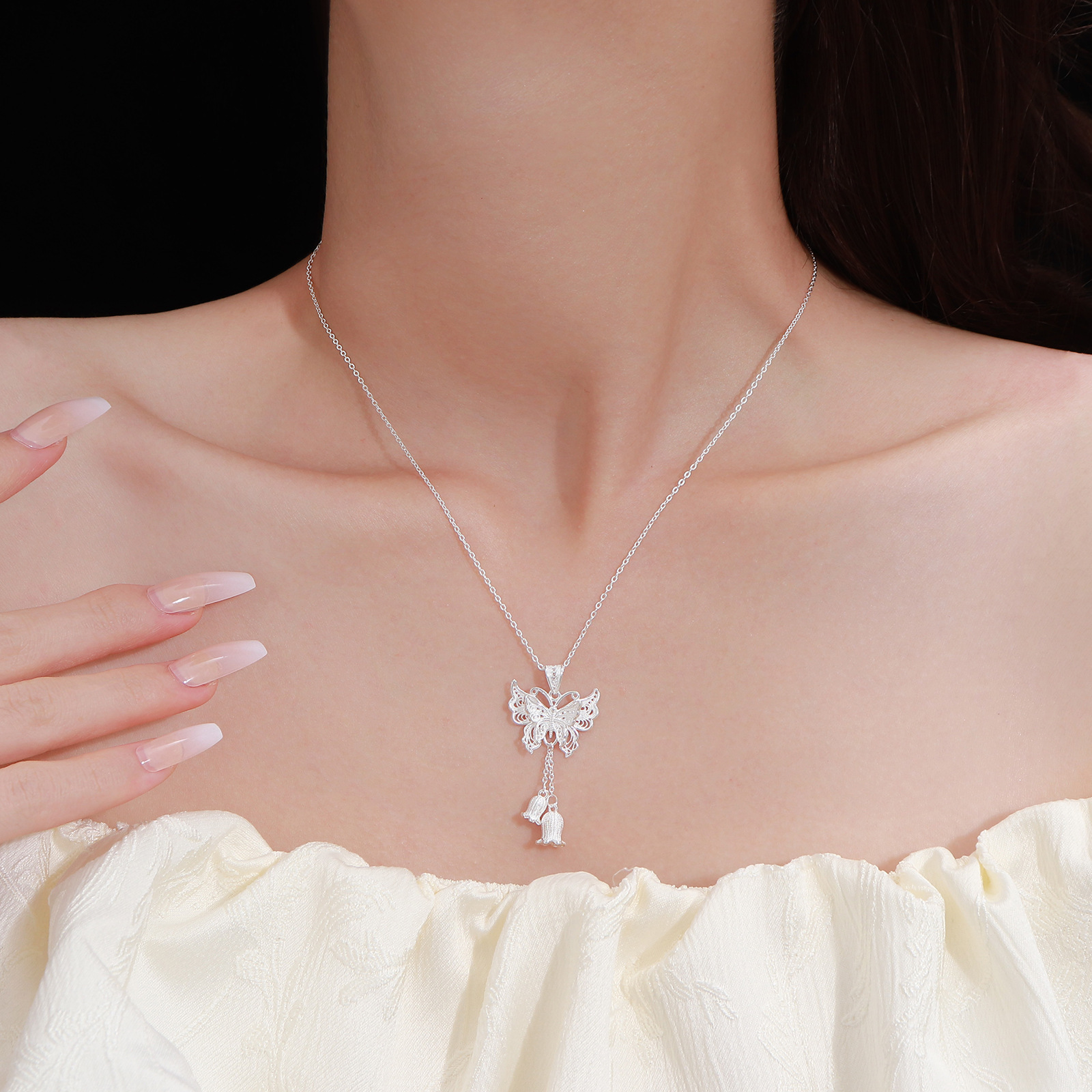 Butterfly & Lily of the Valley Necklace-stylishnooks