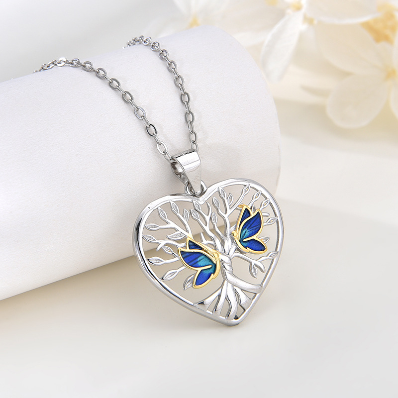 Enchanted Heart Pendant: Tree of Life with Whispering Blue Butterflies, 925 Sterling Silver-stylishnooks