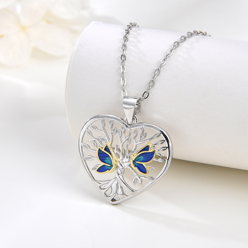 Enchanted Heart Pendant: Tree of Life with Whispering Blue Butterflies, 925 Sterling Silver-stylishnooks
