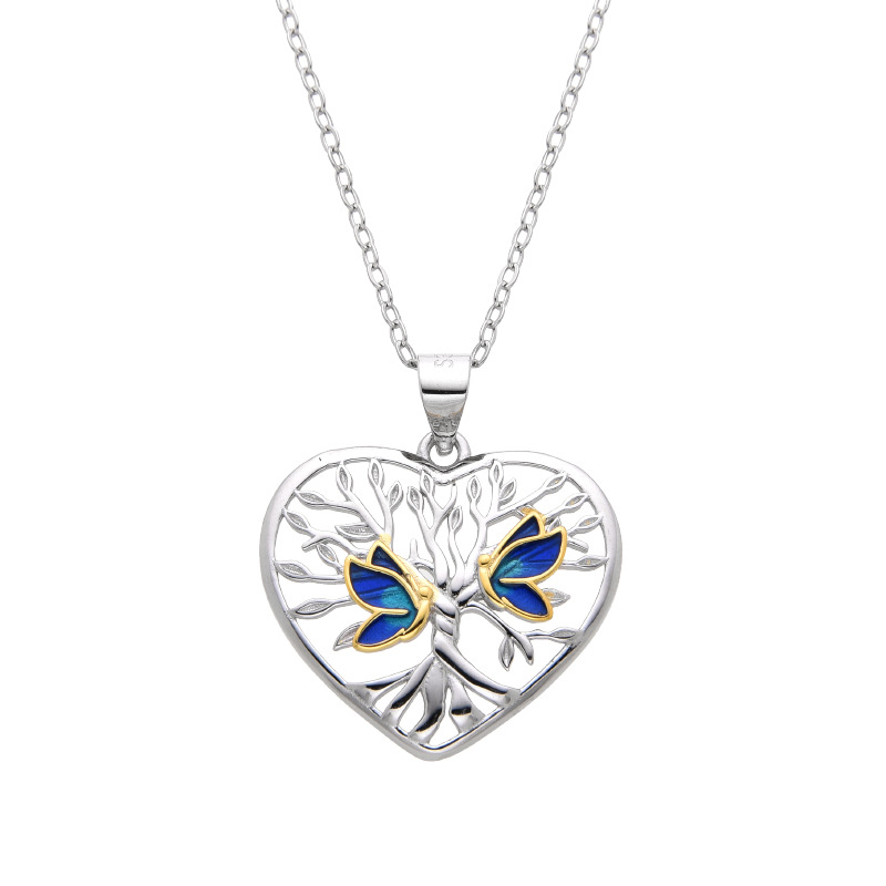 Enchanted Heart Pendant: Tree of Life with Whispering Blue Butterflies, 925 Sterling Silver-stylishnooks