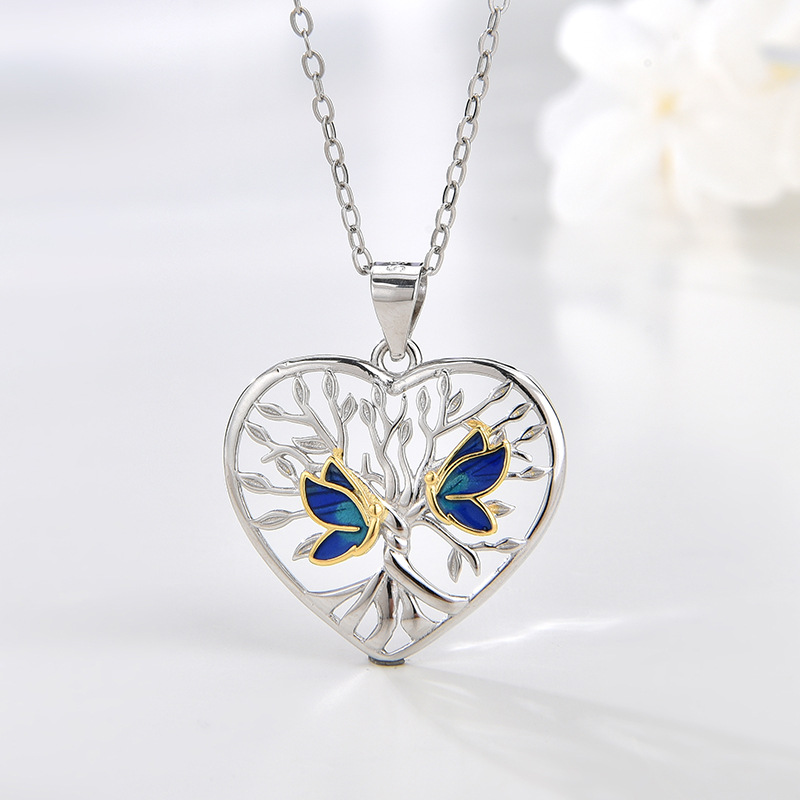 Enchanted Heart Pendant: Tree of Life with Whispering Blue Butterflies, 925 Sterling Silver-stylishnooks