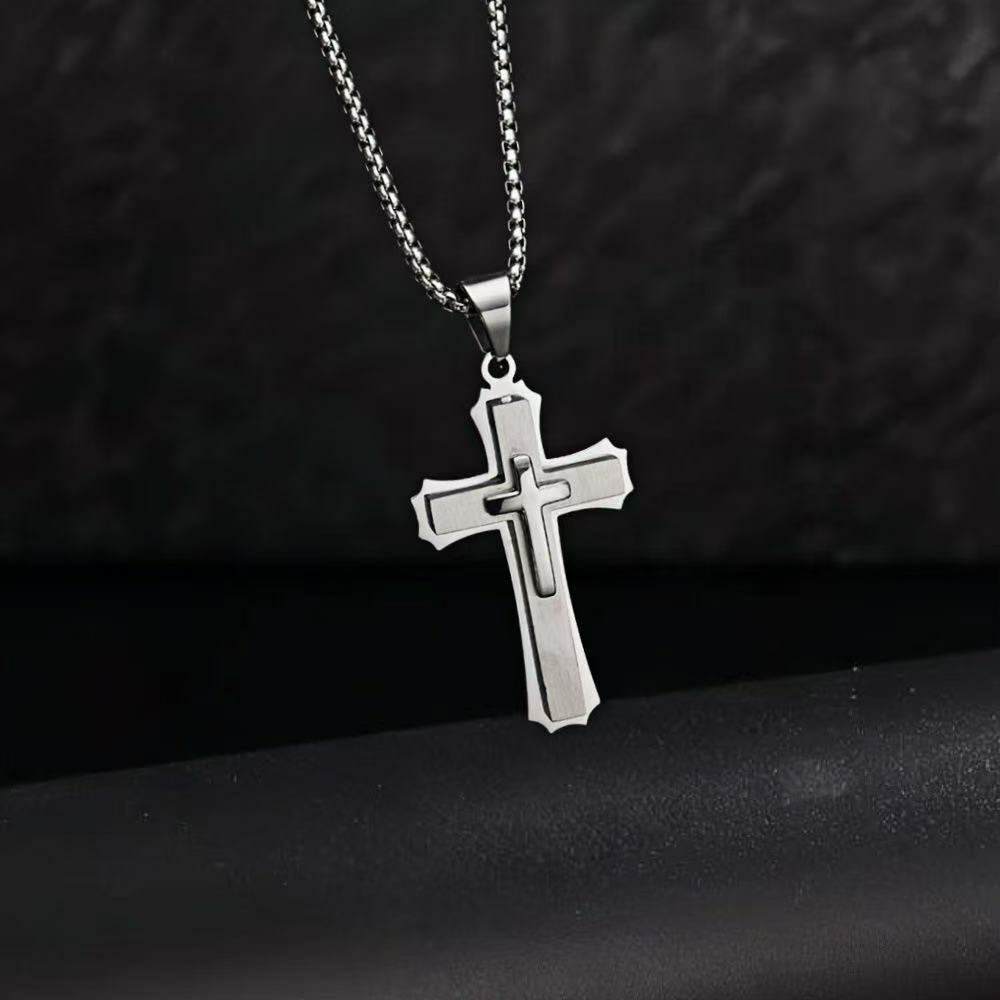 Triple Layer Cross Pendant for Men | 3D Gothic Necklace | Vintage Stainless Steel Mens Jewelry