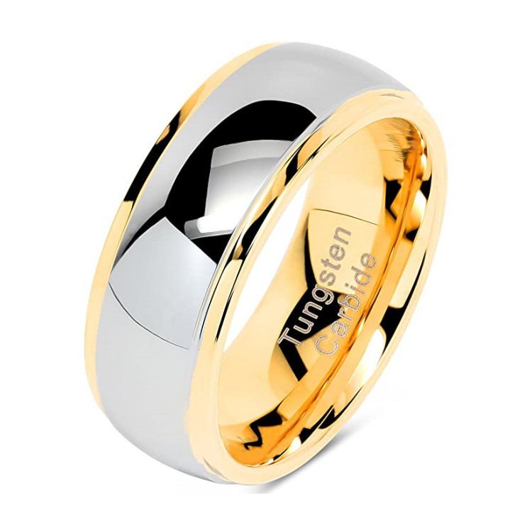 Two-Tone Domed Tungsten Ring - Gold Grooved Minimalist Band
