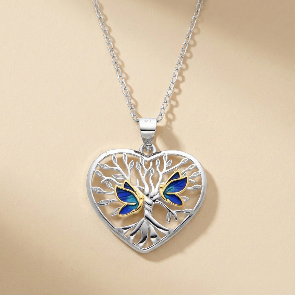 Enchanted Heart Pendant: Tree of Life with Whispering Blue Butterflies, 925 Sterling Silver