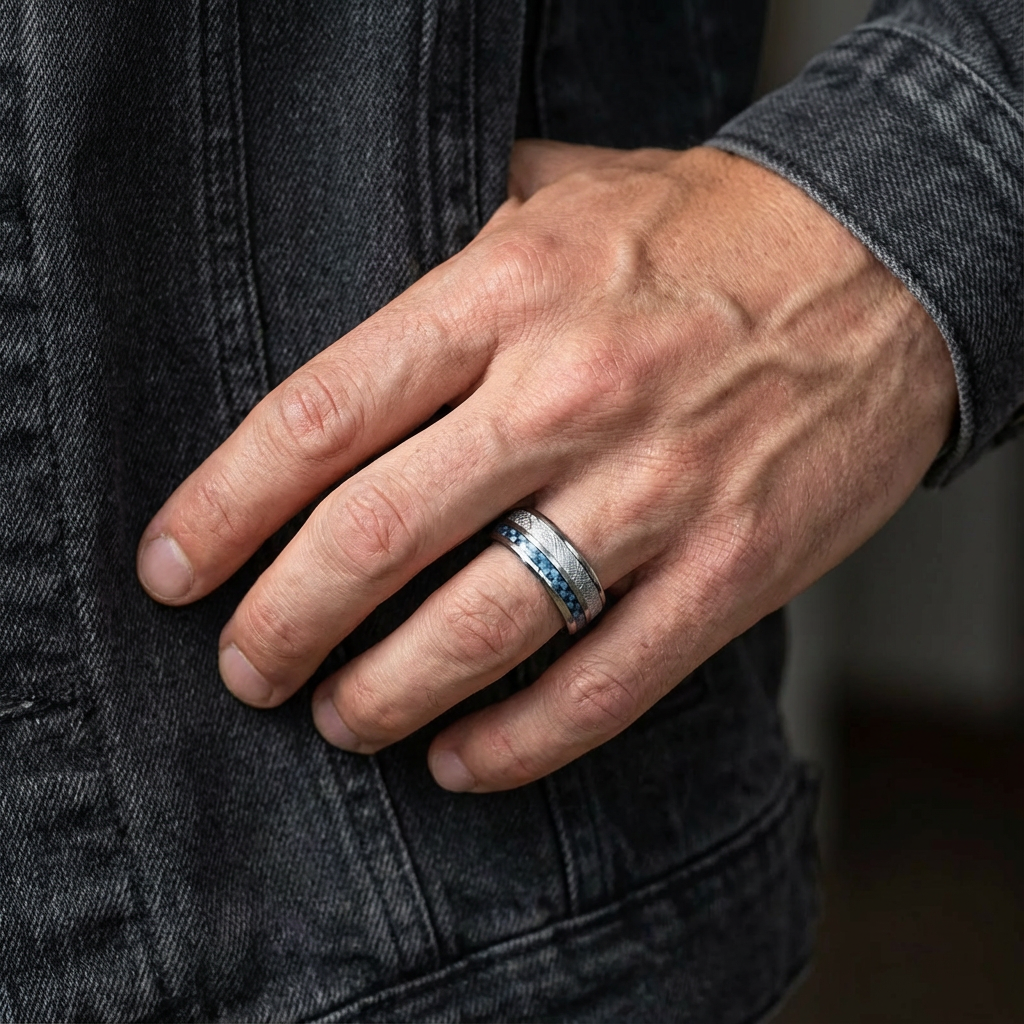 Tungsten Ring with Silver Engraved Edge