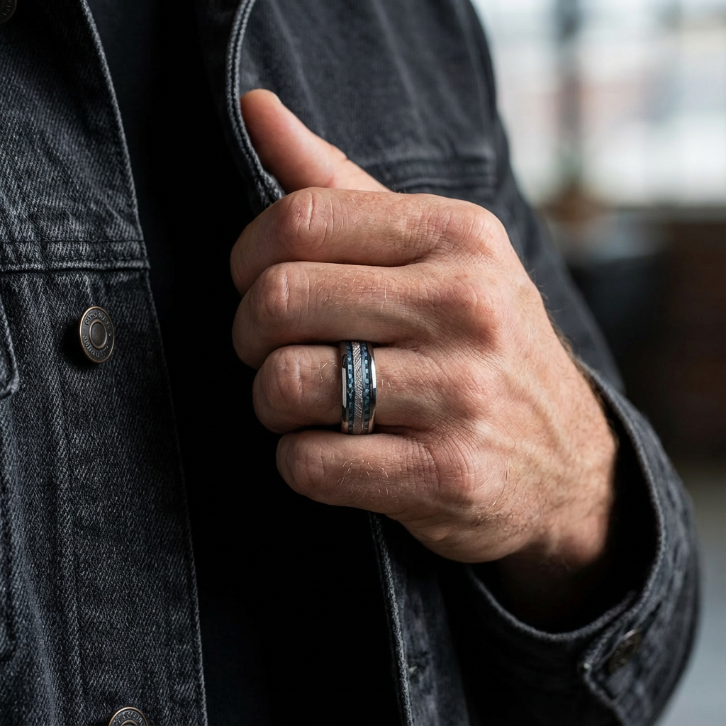 Tungsten Ring with Silver Engraved Edge