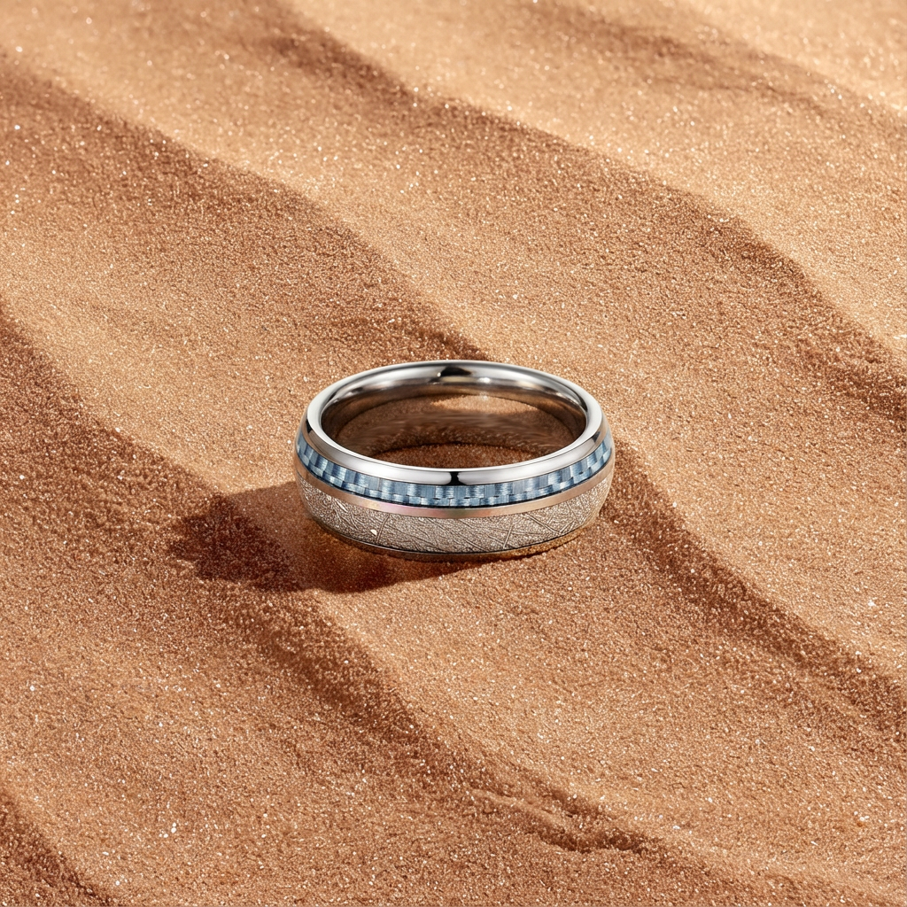 Tungsten Ring with Silver Engraved Edge