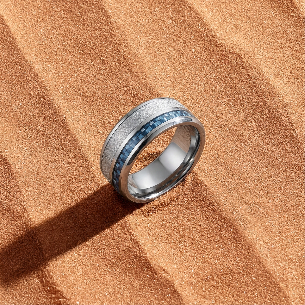 Tungsten Ring with Silver Engraved Edge