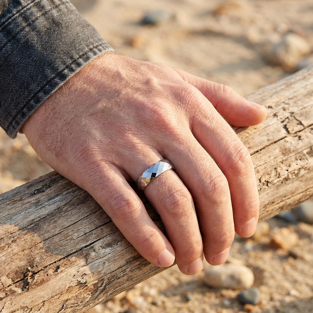 Silver Starburst Tungsten Ring - Men’s Diamond-Cut Band