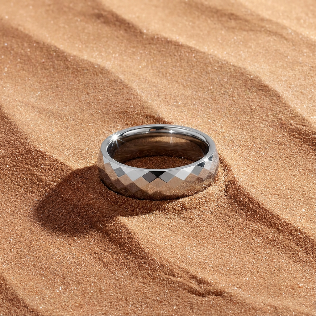 Silver Starburst Tungsten Ring - Men’s Diamond-Cut Band