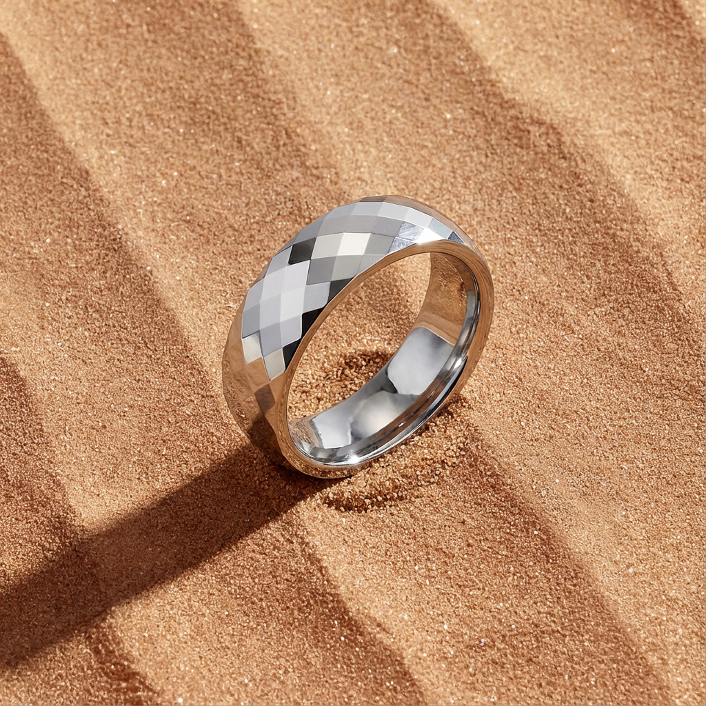 Silver Starburst Tungsten Ring - Men’s Diamond-Cut Band