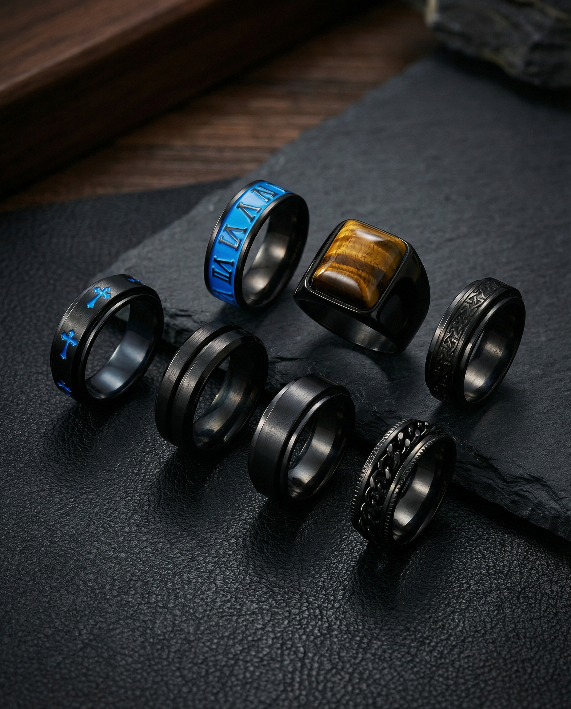 7-Piece Spinnable Black Oil Ring Set - Stainless Steel Men’s Jewelry