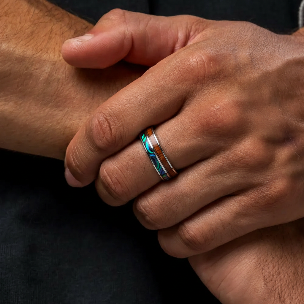 Stainless Steel Double Groove Ring - Shell & Red Wood Inlay