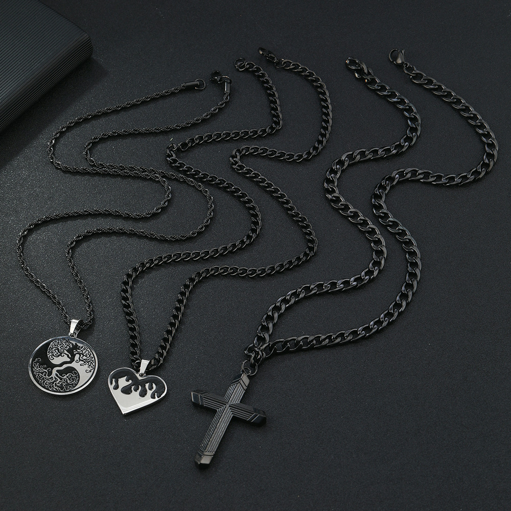 3-Piece Tree of Life Necklace Set - Men’s Stainless Steel Black Oil Pendant